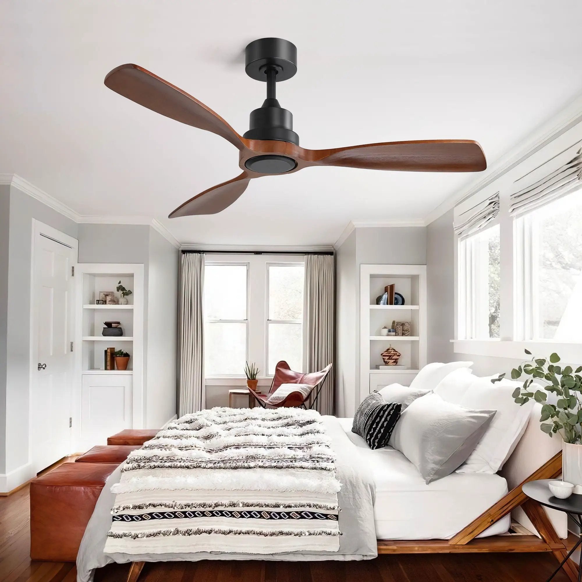 48" Ceiling Fan Without Light, 3 Solid Wood Blades Outdoor Ceiling Fan 6 - Speed Reversible DC Motor For Living Room - Black by Unique Piece Furniture