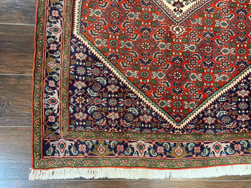 Persian Bidjar Rug 4x5, Finely Hand Knotted Vintage Carpet, Red and Navy Blue, Handmade Wool Rug, 180 KPSI by Jewel Rugs