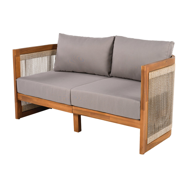 4-Piece Patio Seating Group w/ 2 Chairs, Loveseat & Table Premium Acacia Wood Outdoor Furniture Set,  Curved Tub Design with Woven Rope Accents, Water-Resistant Cushions, All-Weather Slat Construction, photo 9 of 10