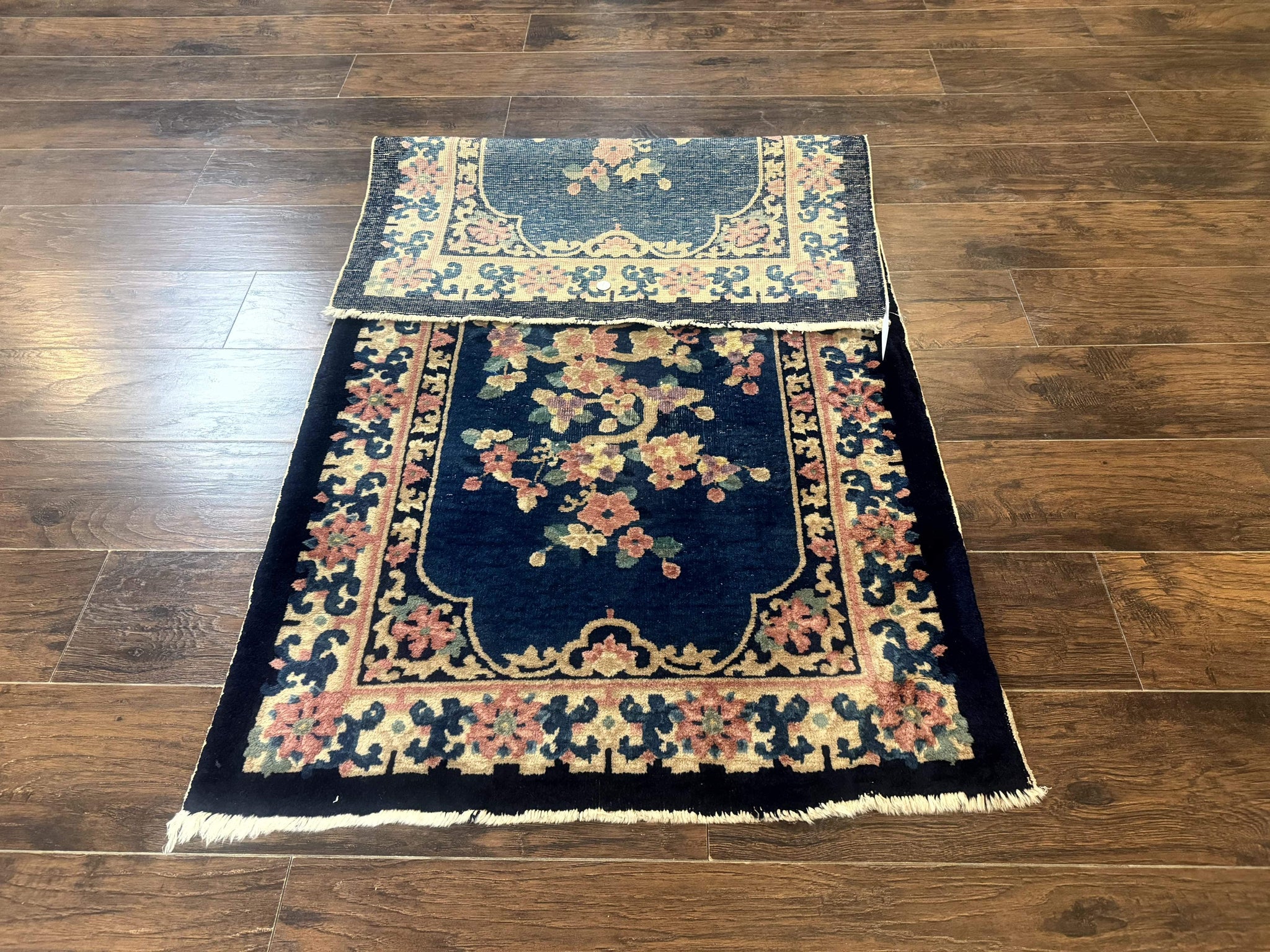 Blue and Beige Chinese Wool Rug 3x6, Chinese Fete Rug, Peking Rug, Antique Chinese Carpet by Jewel Rugs