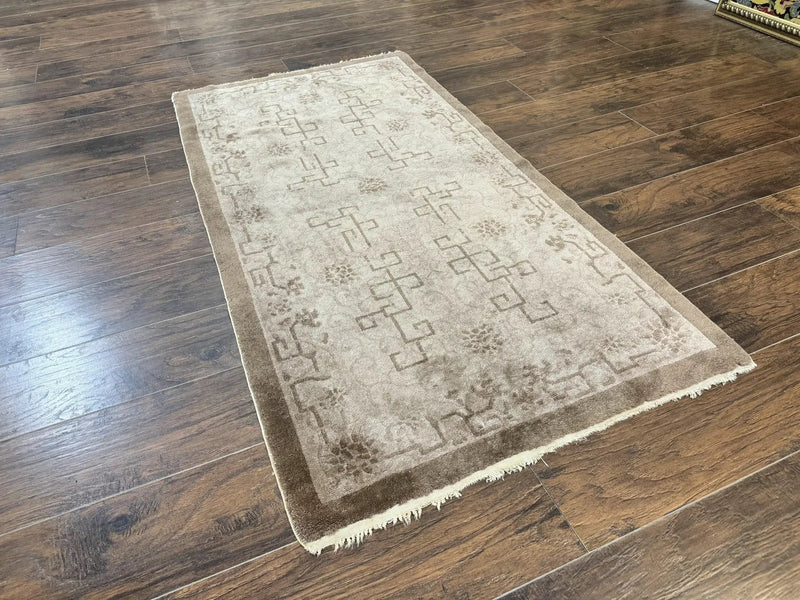 Antique Chinese Fette Rug 3x6, Taupe, Handmade Wool Chinese Carpet by Jewel Rugs
