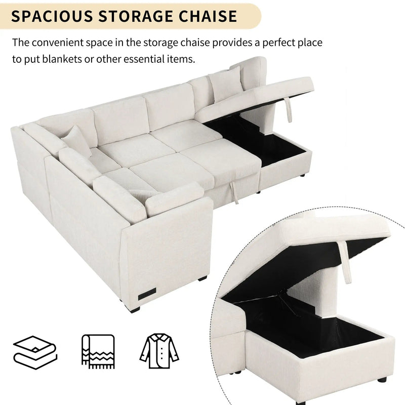 U-Shaped Sectional Sofa Pull Out Sofa Bed With Two USB Ports, Two Power Sockets, Three Back Pillows And A Storage Chaise For Living Room by HouseOfZazla