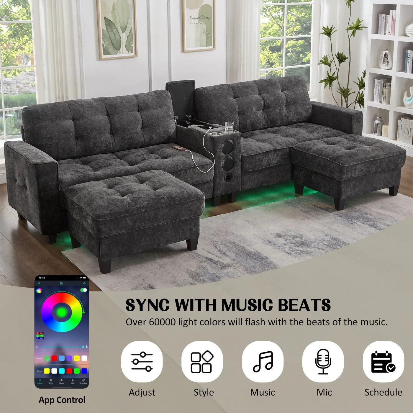 Modern Sectional Sofa U-Shaped With Movable Ottomans, tooth Speakers, LED Lights And Modular Storage by Unique Piece Furniture