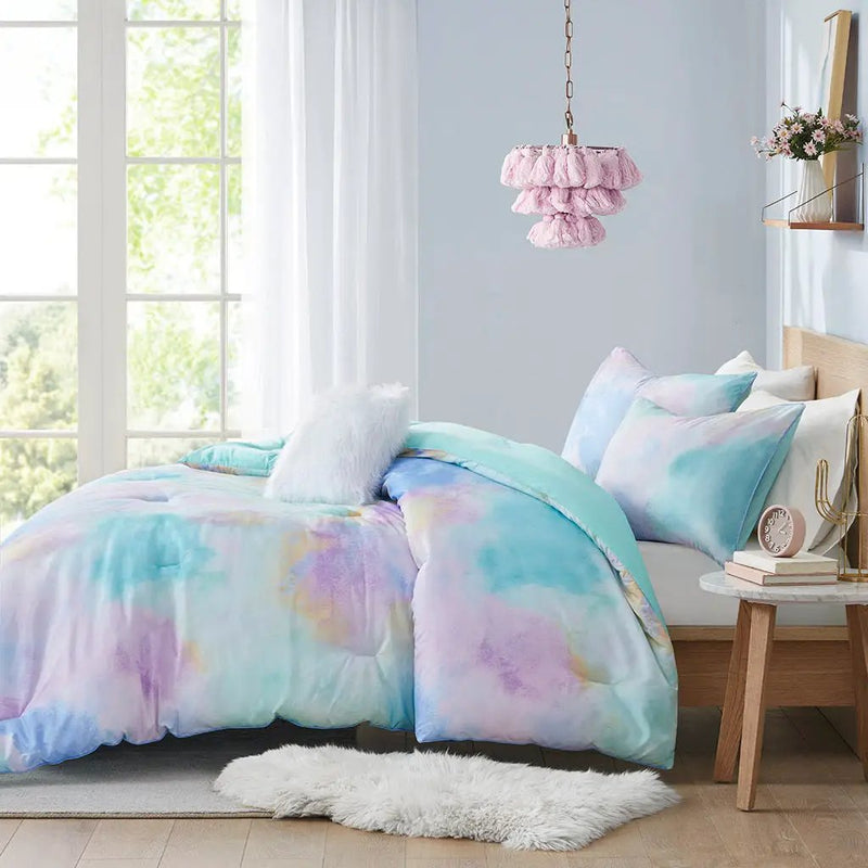 Twin/Twin XL Watercolor Tie Dye Printed Comforter Set with Throw Pillow by HouseOfZazla