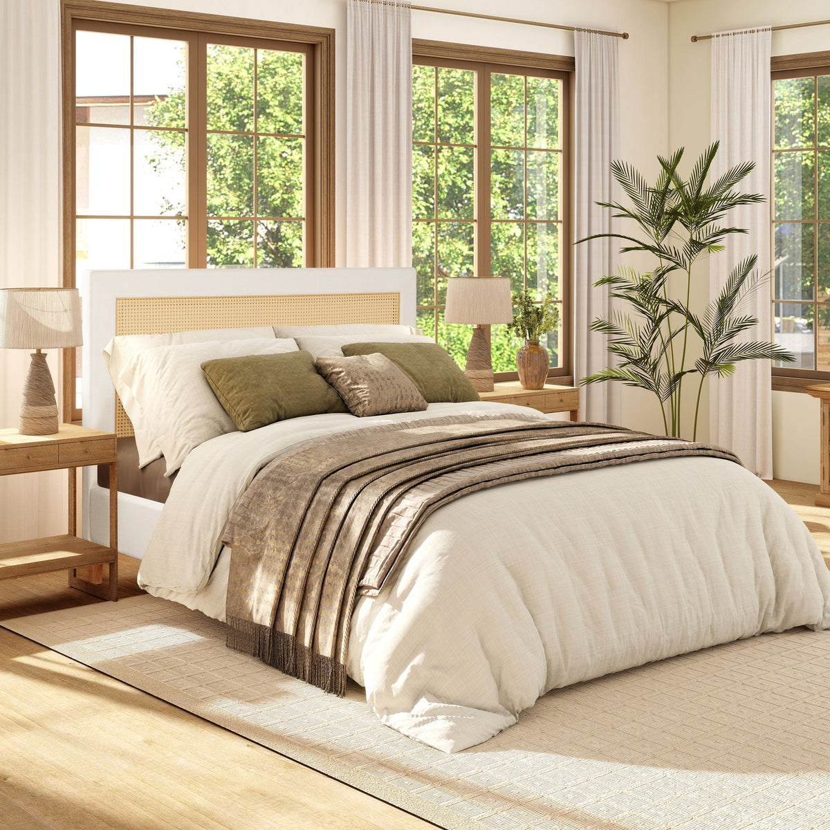 Upholstered Cane Back Platform Bed with Resin Wicker - White, photo 10 of 11