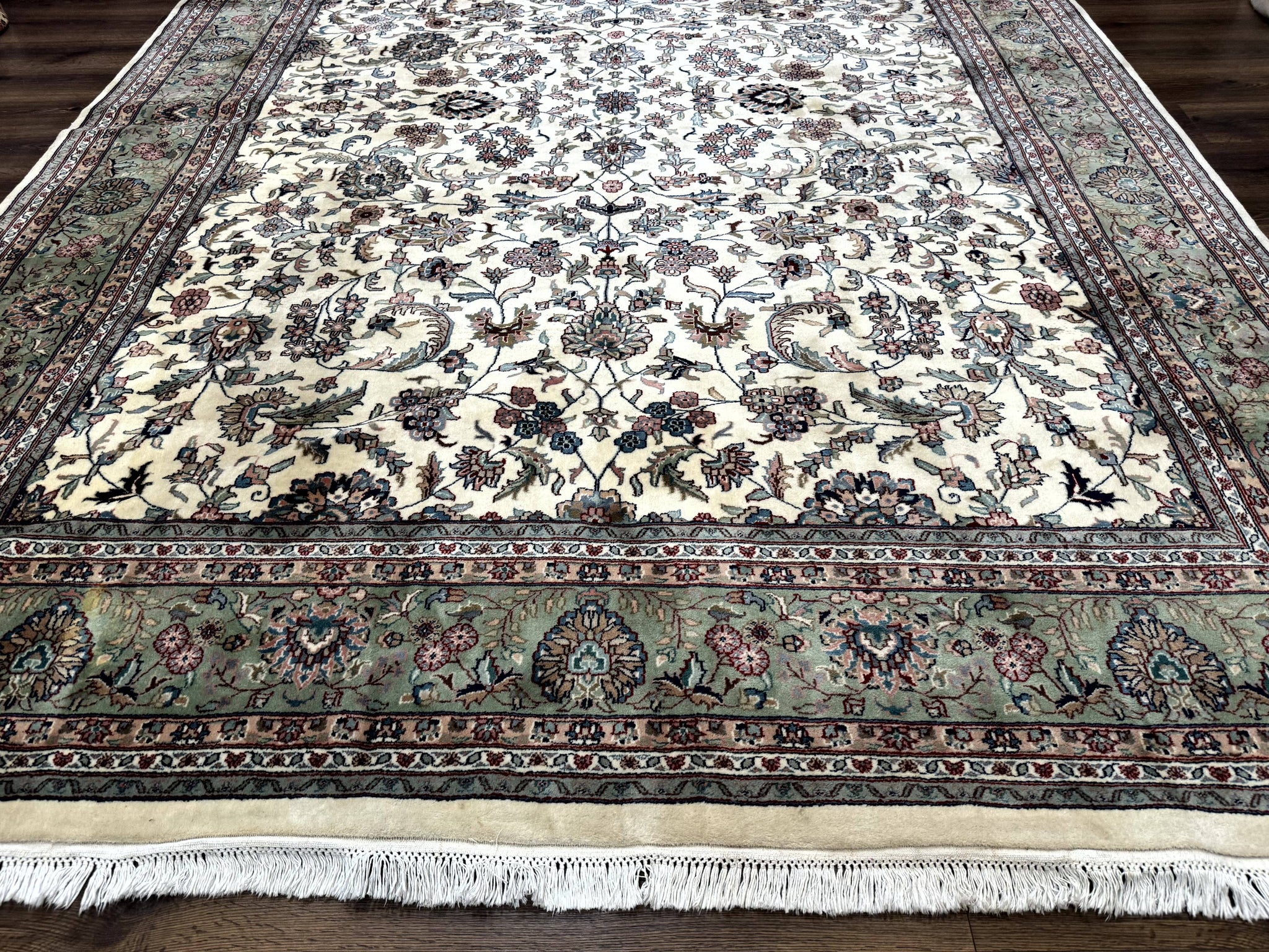Indo Persian Rug 9x12, Allover Floral Pattern, Ivory & Green, Traditional Oriental Carpet by Jewel Rugs