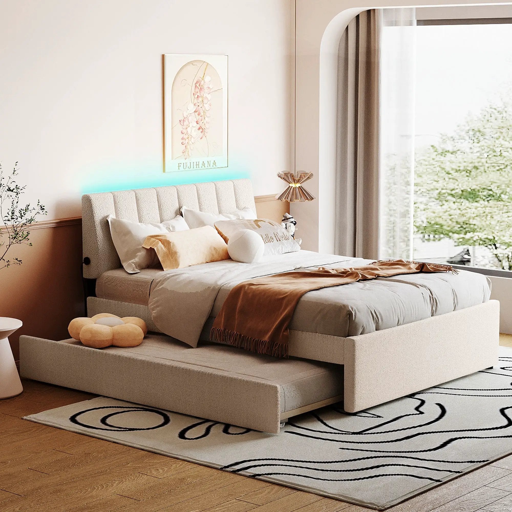 Teddy Fleece Full Size Upholstered Platform Bed with Twin Trundle by HouseOfZazla