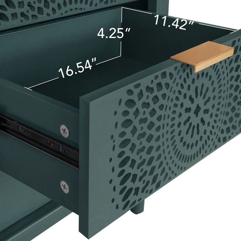Hollow Carved 3 Drawer Dresser With Metal Handles, Storage Chest For Living Room Or Bedroom - Blackish Green by Unique Piece Furniture