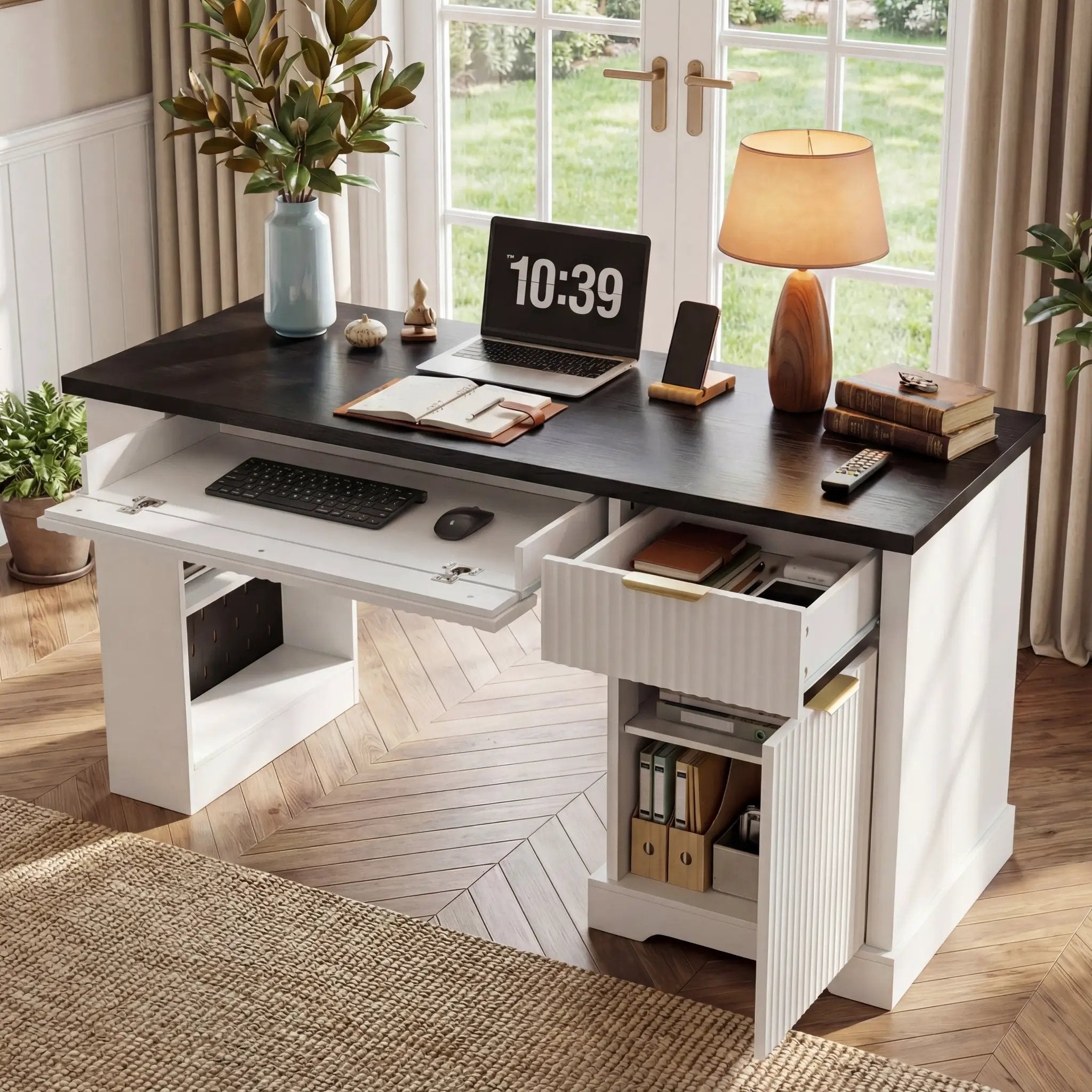 55" Modern Fluted Office Desk with Storage Cabinet & Drawers by HouseOfZazla