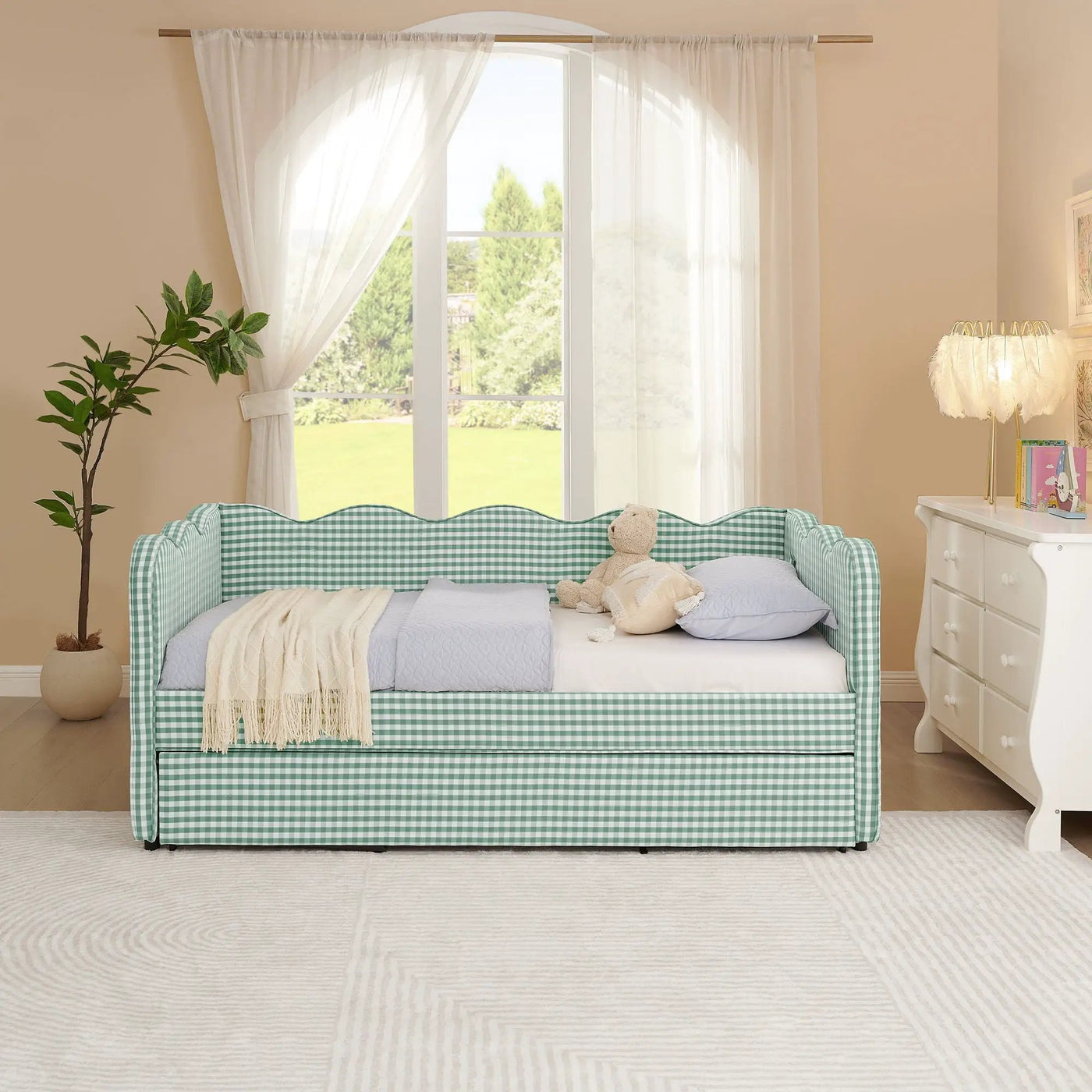 Gingham Daybed With USB Charging Port, Wave Shaped Design by HouseOfZazla