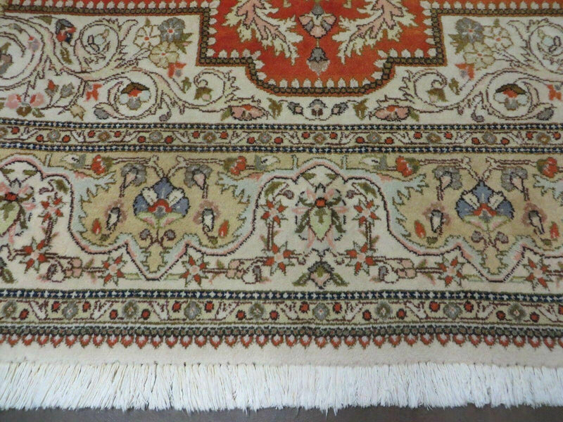 Vintage Persian Tabriz Rug 9x12, Tabatabaie Rug 9x12 Carpet, Handmade Hand Knotted Wool Area Rug, Tomato Red Beige, Medallion Rug, Floral by Jewel Rugs