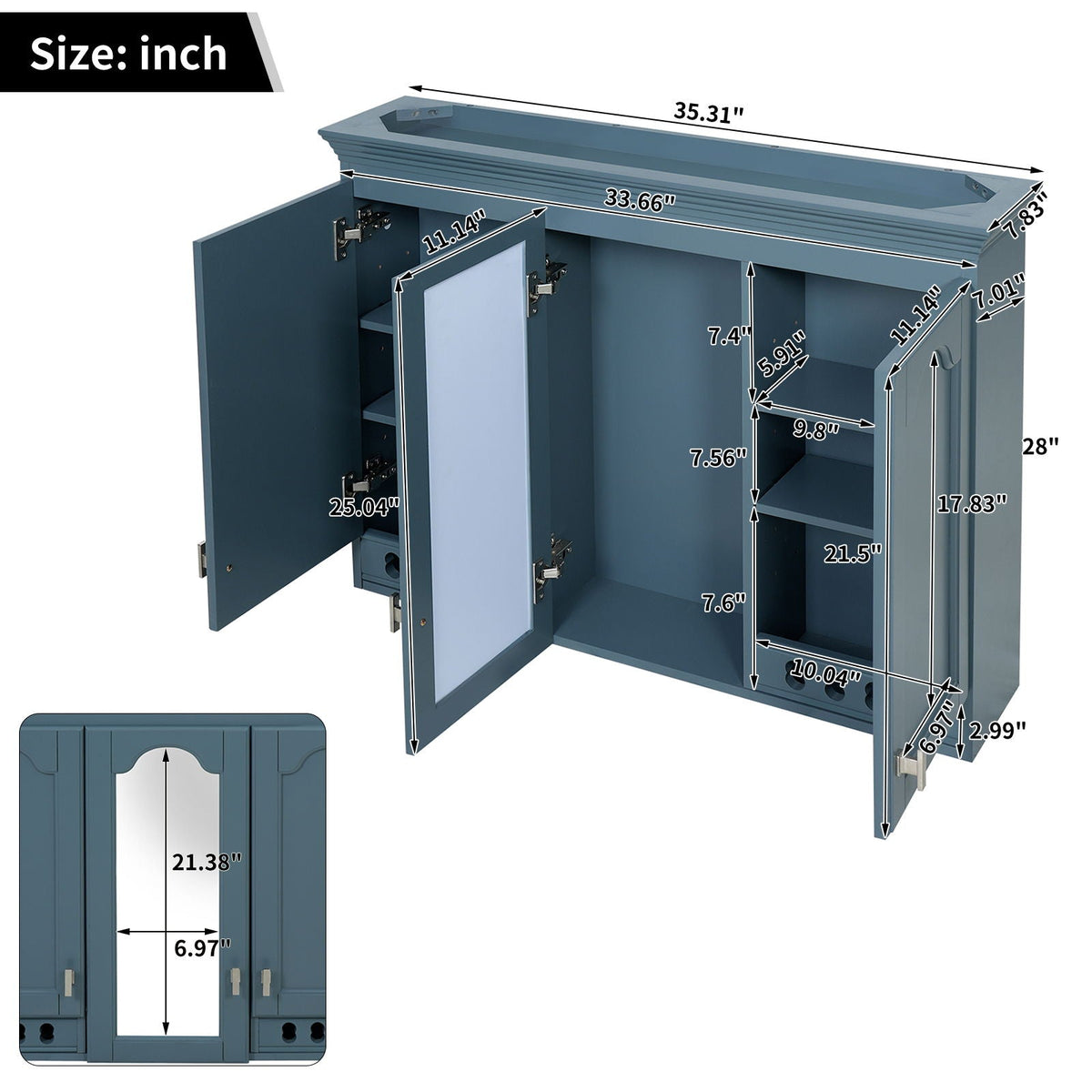 Wall Mount Mirror Cabinet with Adjustable Shelves - Soft Close - White or Blue, photo 27 of 29