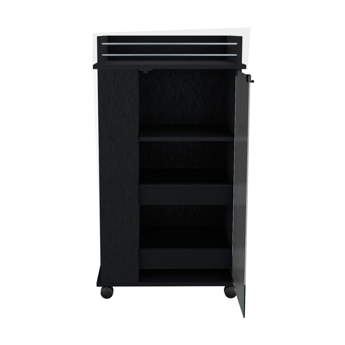 Bar Cart with Glass Door and 2 Side Shelves - Black