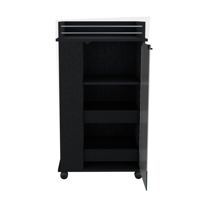 Bar Cart with Glass Door and 2 Side Shelves - Black