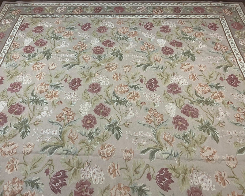 Aubusson Rug 9x12, Pink Beige Light Mauve, Handmade Allover Floral Roses, Wool Flatweave Carpet 9 x 12 ft, European French Design, Elegant by Jewel Rugs