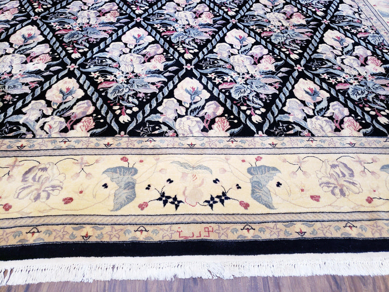 Sino-Persian Kirman Rug 9x12 Floral Handmade Wool Carpet Black & Ivory Vintage by Jewel Rugs