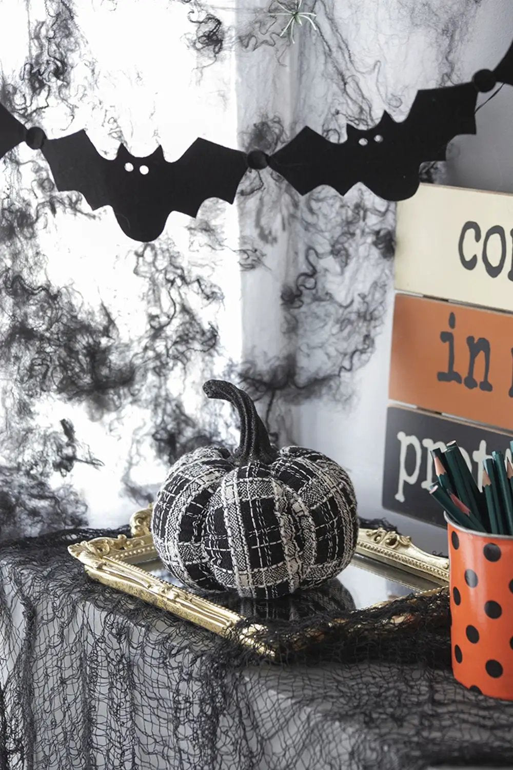 Light Plaid Pumpkin, For Holiday Halloween Decor - Black / White by Unique Piece Furniture