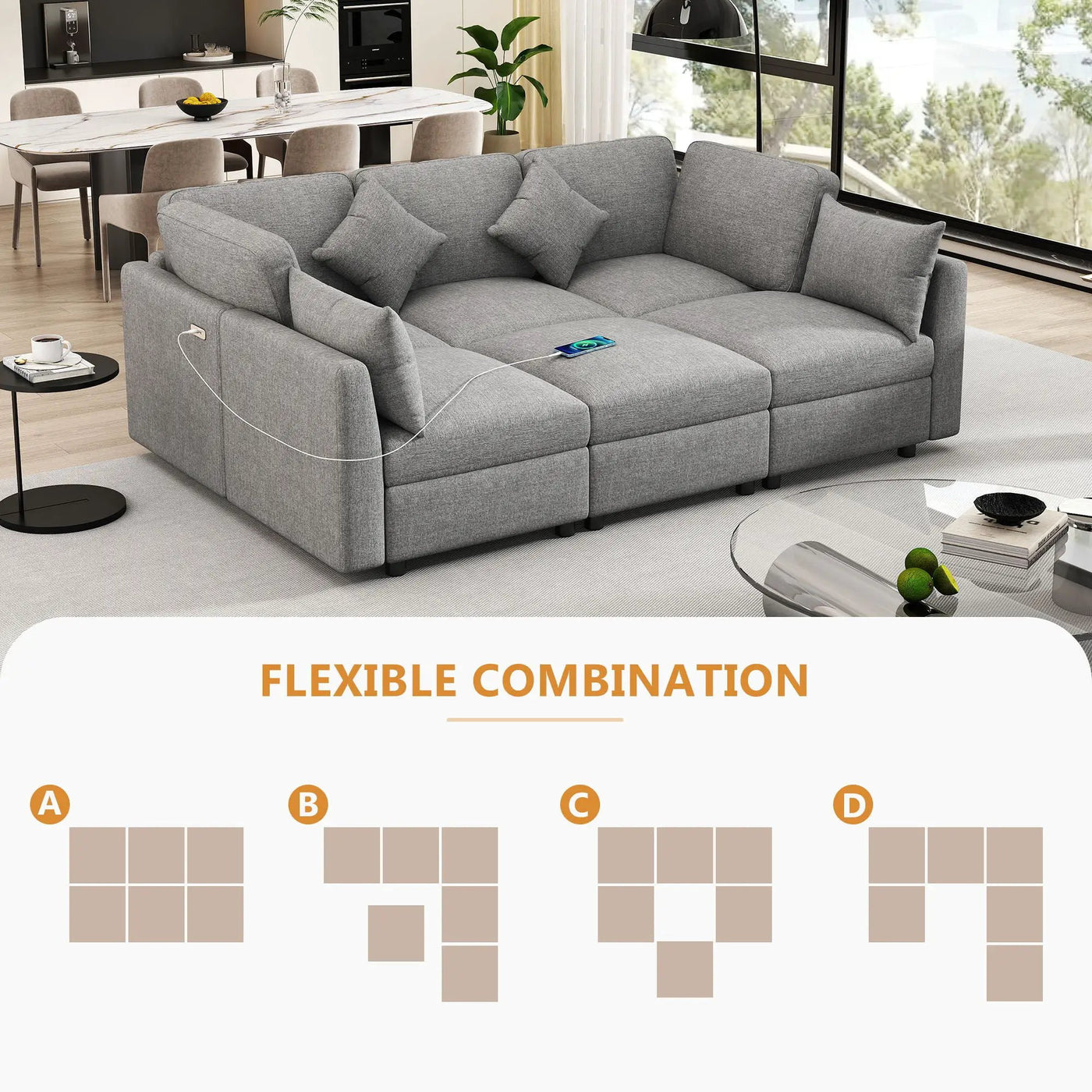 Sectional Sofa Modular U-Shaped With Ottoman & USB Ports by Unique Piece Furniture