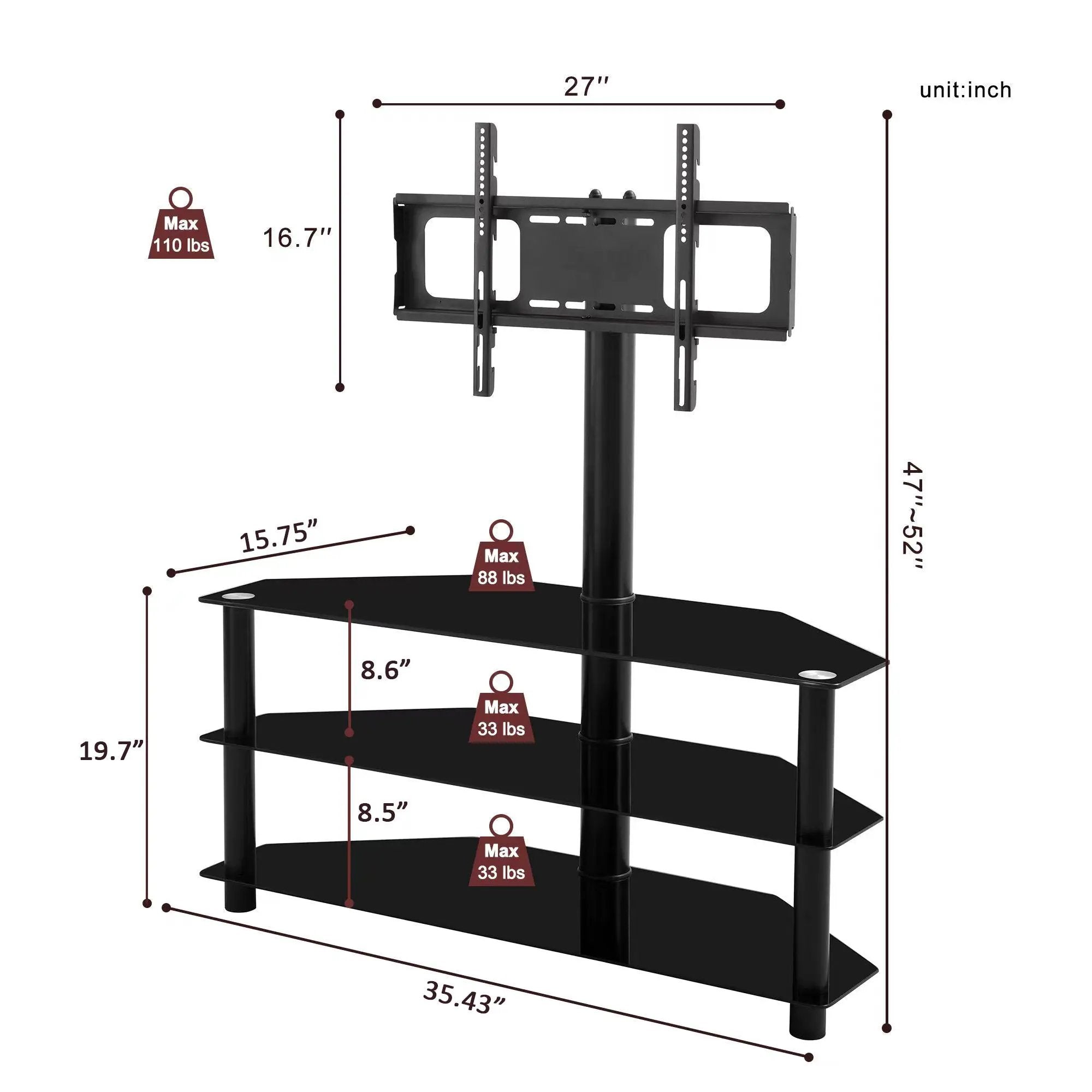 Multi-Function TV Stand Height Adjustable Bracket Swivel 3 Tier - Black by HouseOfZazla