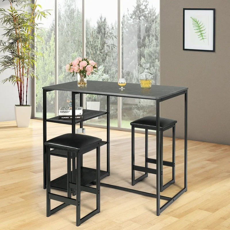 3 pcs Dining Set with Faux Marble Top Table and 2 Stools-Black by DirectDeals