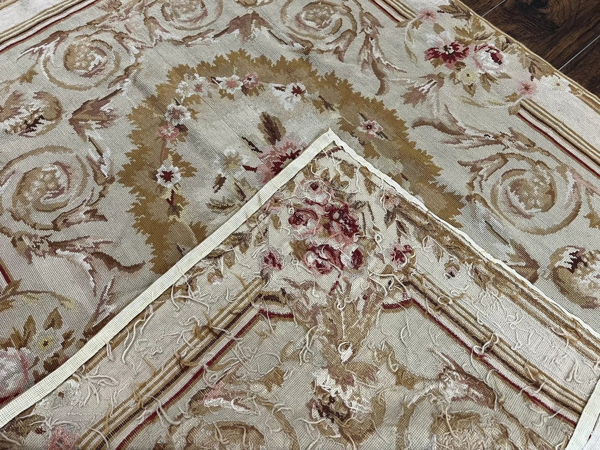 Aubusson Needlepoint Rug 4x5 ft, Beige and Tan, Aubusson Savonnerie Vintage Carpet, Handwoven Handmade Wool Rug, European Design Floral Rose by Jewel Rugs
