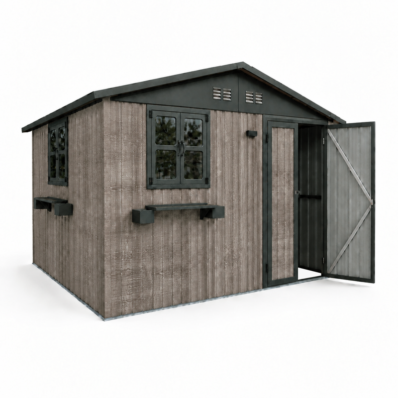 10x8 FT Outdoor Metal Storage Shed with Window & Flower Rack, Lockable Double Doors Tool Shed, Waterproof Weatherproof Garden Shed for Backyard Patio,Grey+Black., photo 7 of 9