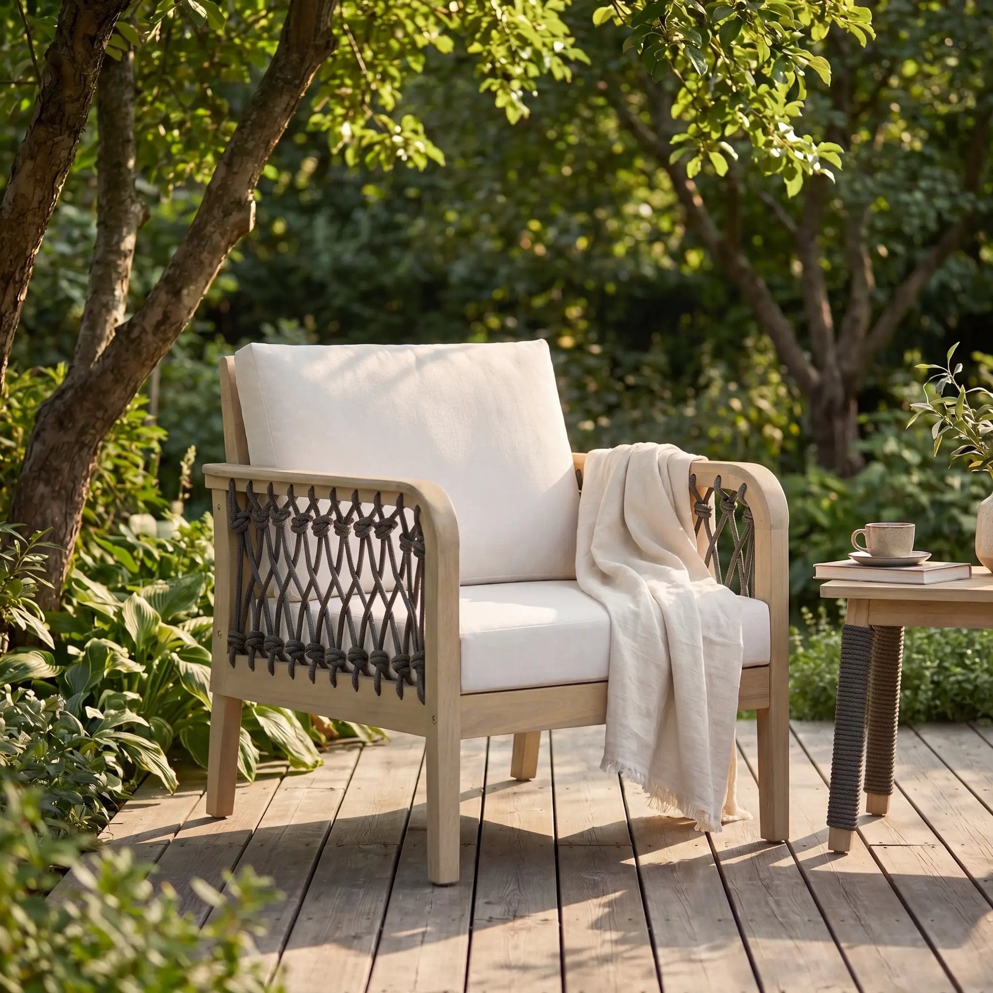 Outdoor Acacia Wood Club Chair with Handwoven Rope, Light Teak Finish by HouseOfZazla