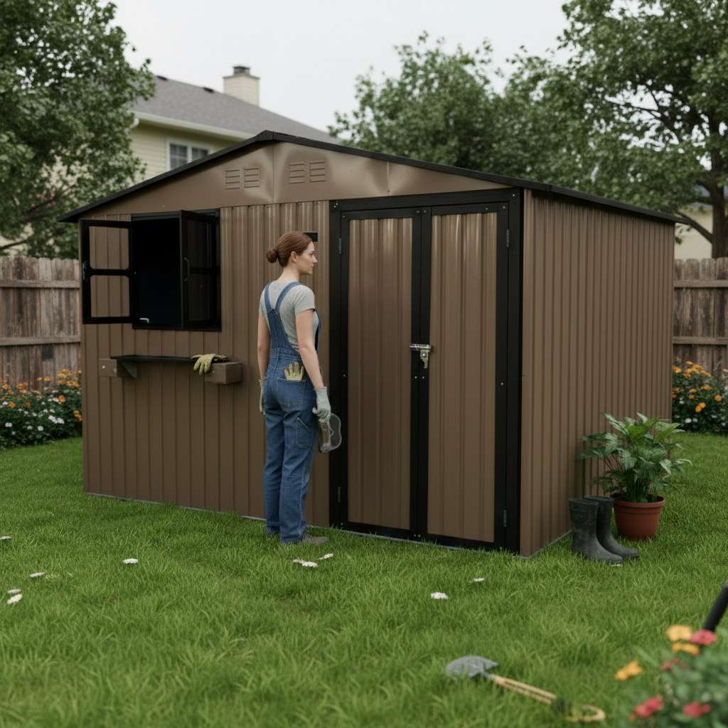 10x8 Ft Outdoor Metal Storage Shed with Window & Flower Rack by HouseOfZazla