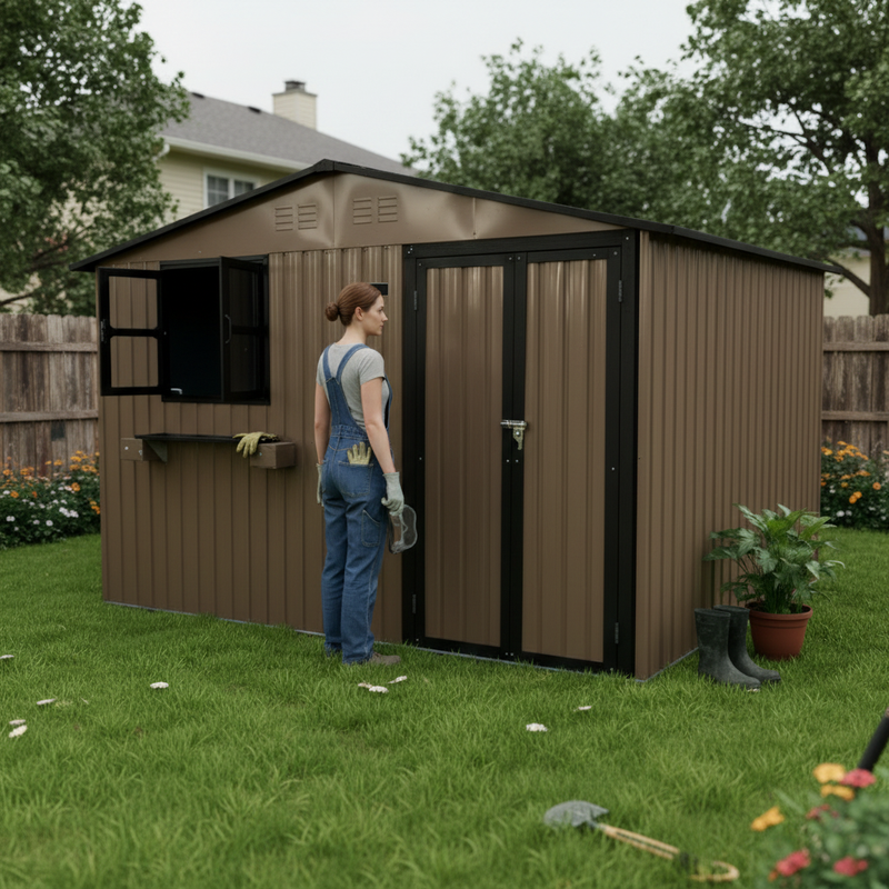 10x8 Ft Outdoor Metal Storage Shed with Window & Flower Rack by HouseOfZazla