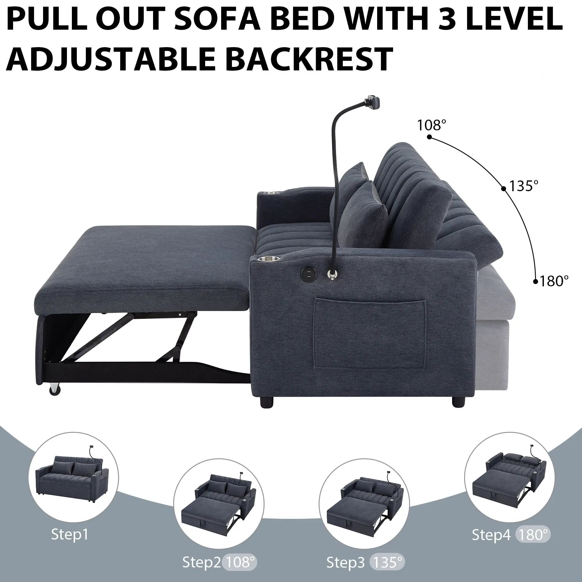 Convertible Sofa Bed Loveseat Sofa With Three USB Ports, Two Side Pockets, Two Cup Holders And 360° swivel Phone Holder For Living Room by Unique Piece Furniture