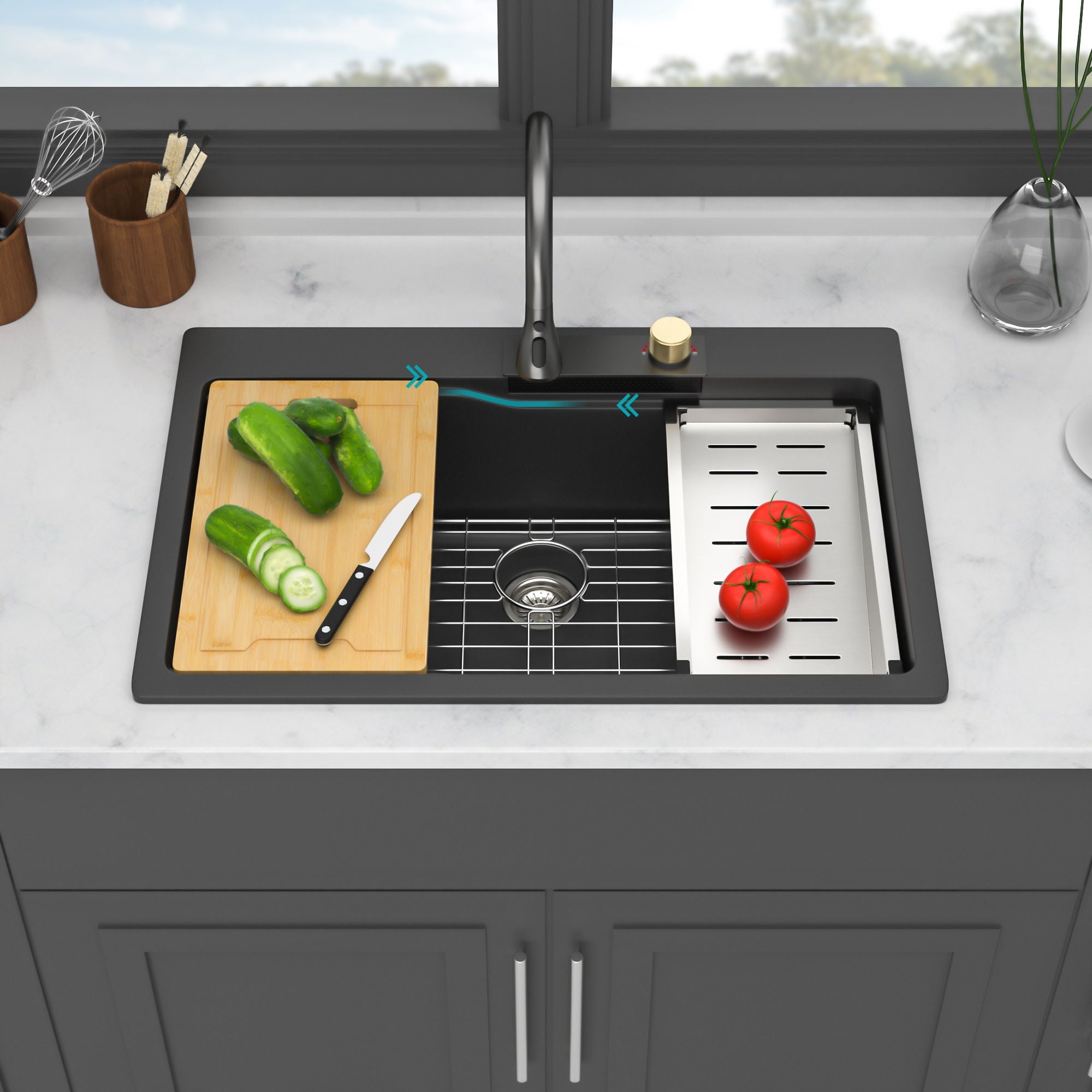 Waterfall Kitchen Sink With Pull Out Faucet & Cup Washer by HouseOfZazla
