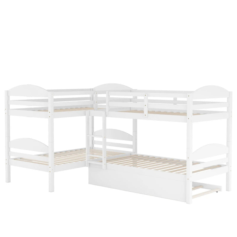 Twin L-Shaped Bunk Bed With Trundle - White