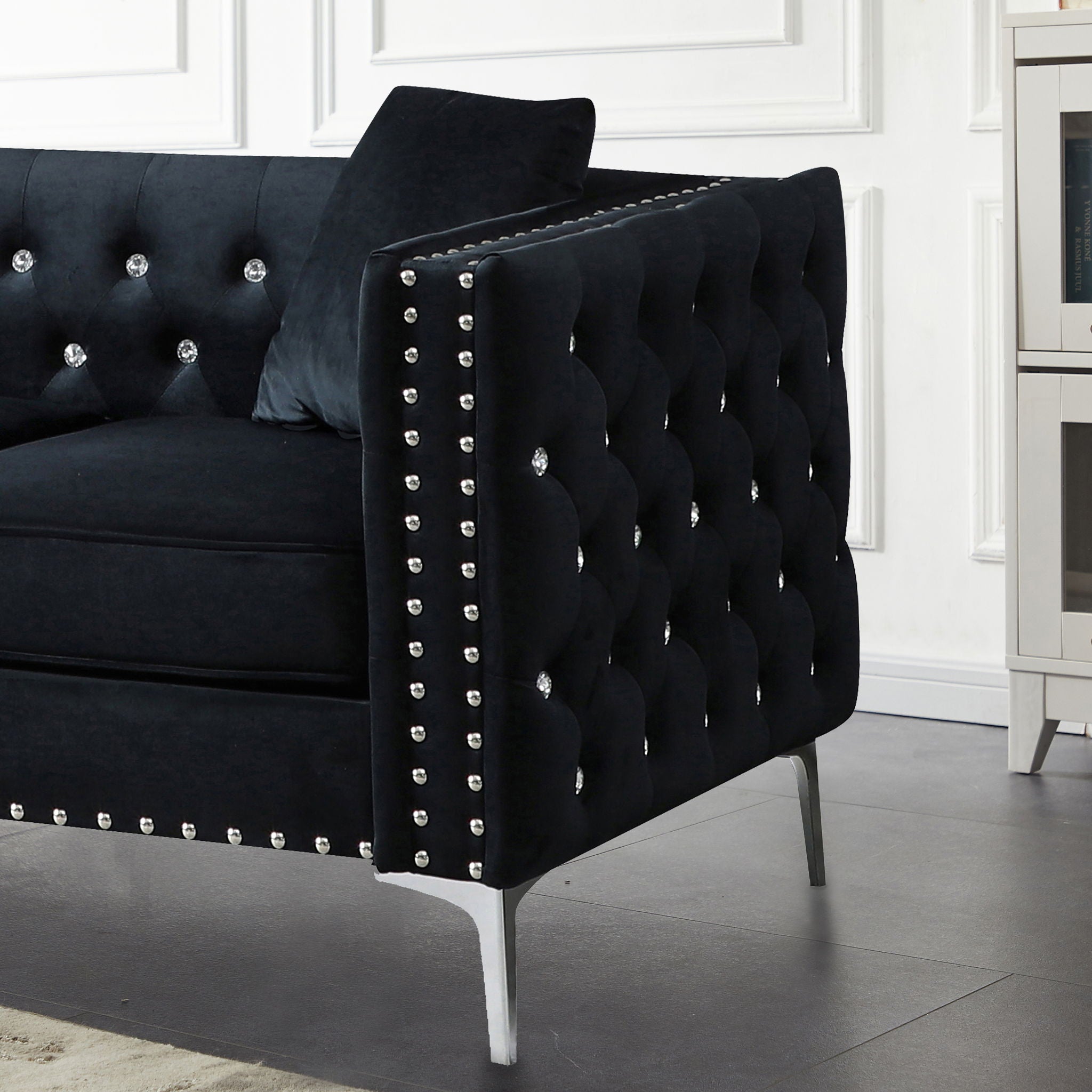 Wide Sofa With Jeweled Buttons Square Arm, 2 Pillows by HouseOfZazla