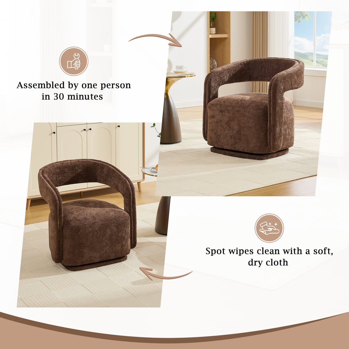 065-Chenille Fabric Swivel Accent Armchair, Comfy Barrel Leisure Chair With Curved Backrest, Upholstered Reading Chair With, photo 6 of 9