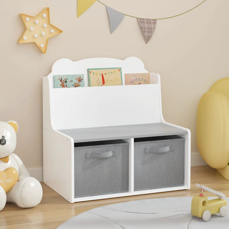 Bookshelf With Storage Bins, Bookcase With Book Display Shelf And 2 Bins, Cute Bear Shaped Backboard, Toy Organizer - White by Unique Piece Furniture