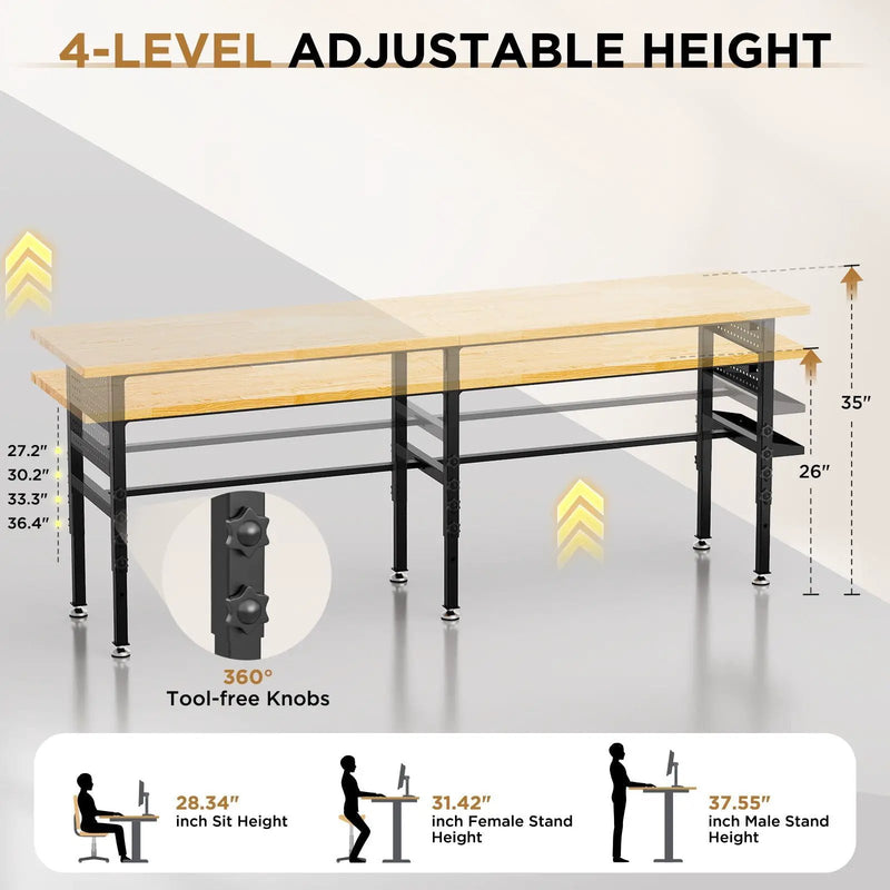 Adjustable Workbench, Side Pegboard, 4 Height Settings, Power Outlet, Storage Box, Wheels Or Leveling Feet - Black by HouseOfZazla