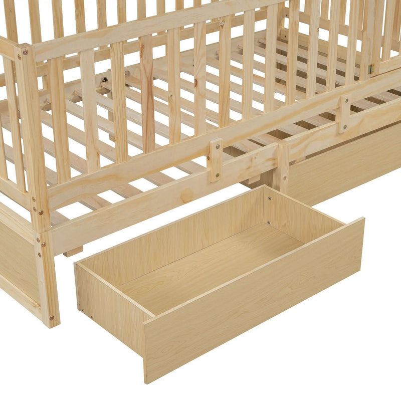 Daybed With Fence Guardrails And 2 Drawers, Split Into Independent Floor Bed & Daybed by HouseOfZazla