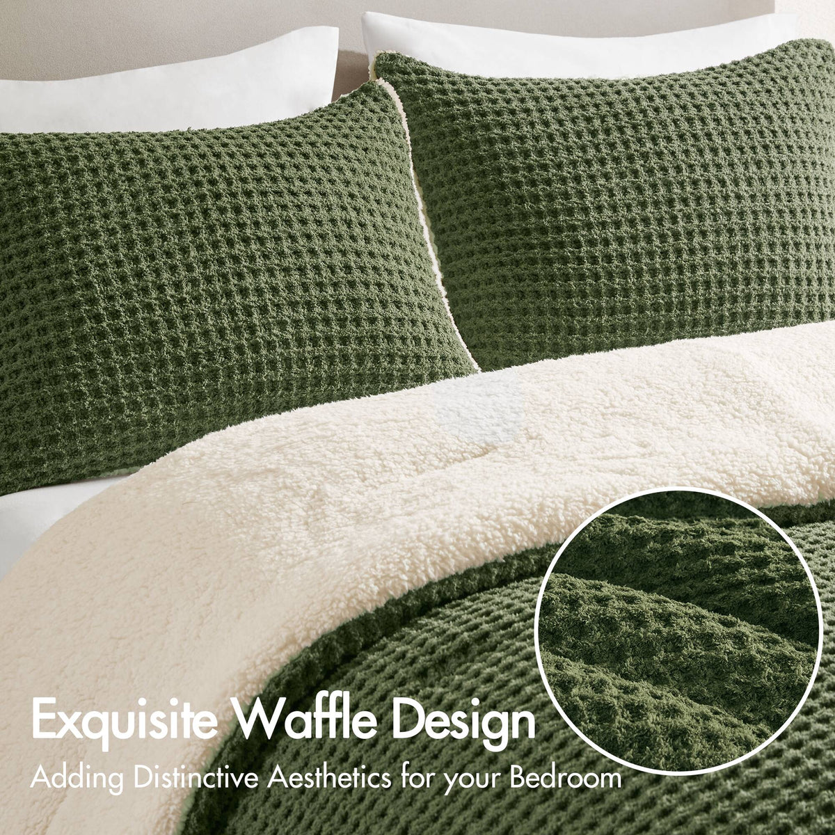 3 Pieces Full/Queen Waffle Knit Chenille Comforter Set in Olive, photo 5 of 10