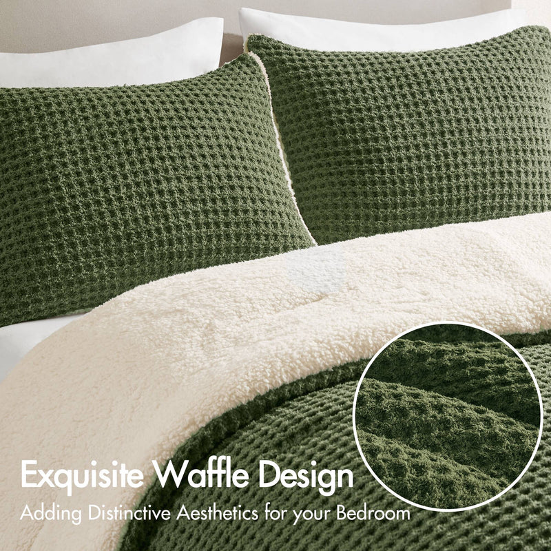 3 Pieces Full/Queen Waffle Knit Chenille Comforter Set in Olive, photo 5 of 10
