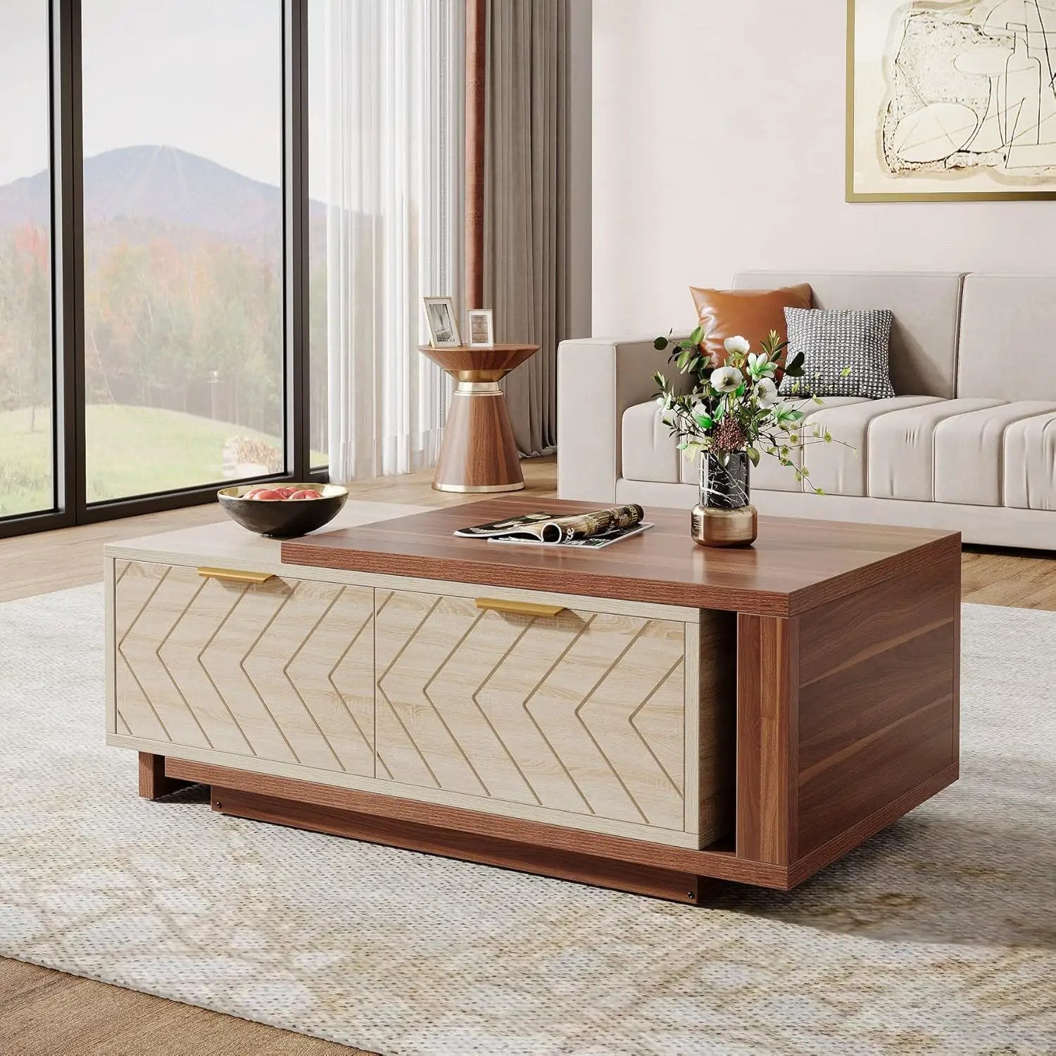 Extendable Coffee Table With 2 Storage Drawers, Dual Tone With Sliding Top, Hidden Storage - Walnut by HouseOfZazla