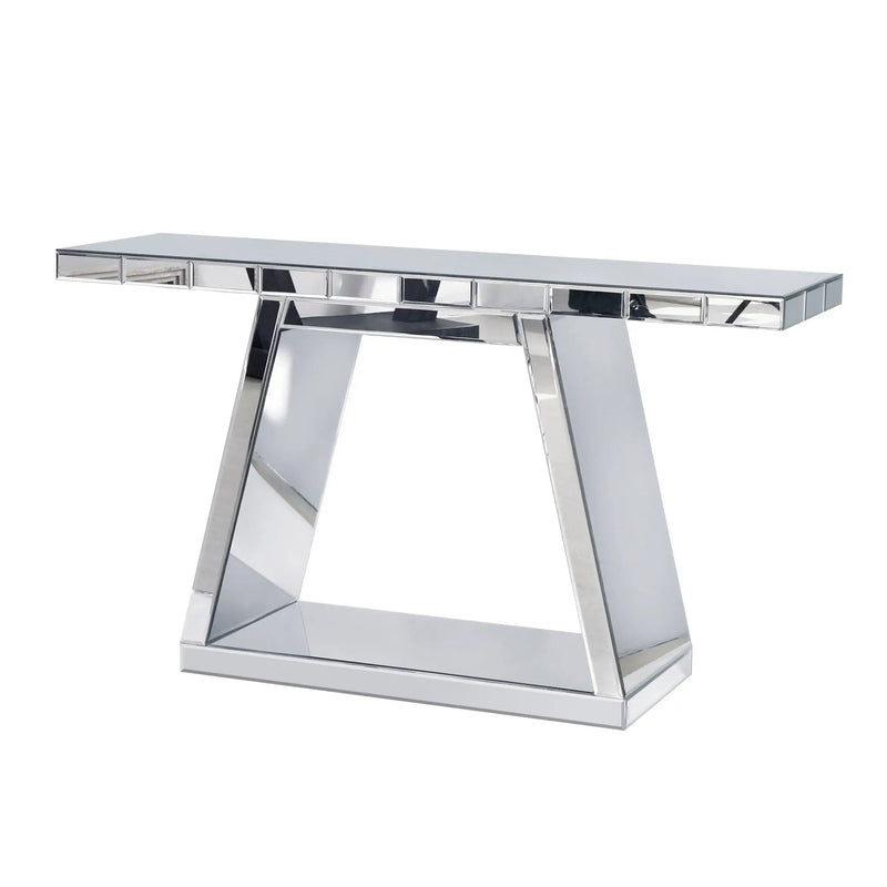 Modern Luxe Full Body Mirror Entryway Table With Trapezoid Base, 360° Reflective Console, Scratch Resistant, Open Storage - Silver by Unique Piece Furniture