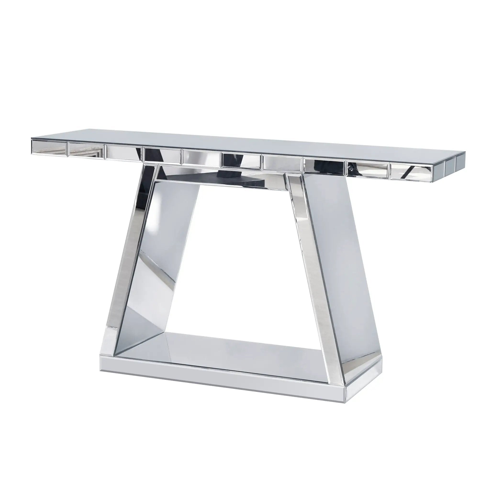 Modern Luxe Full Body Mirror Entryway Table With Trapezoid Base, 360° Reflective Console, Scratch Resistant, Open Storage - Silver by HouseOfZazla