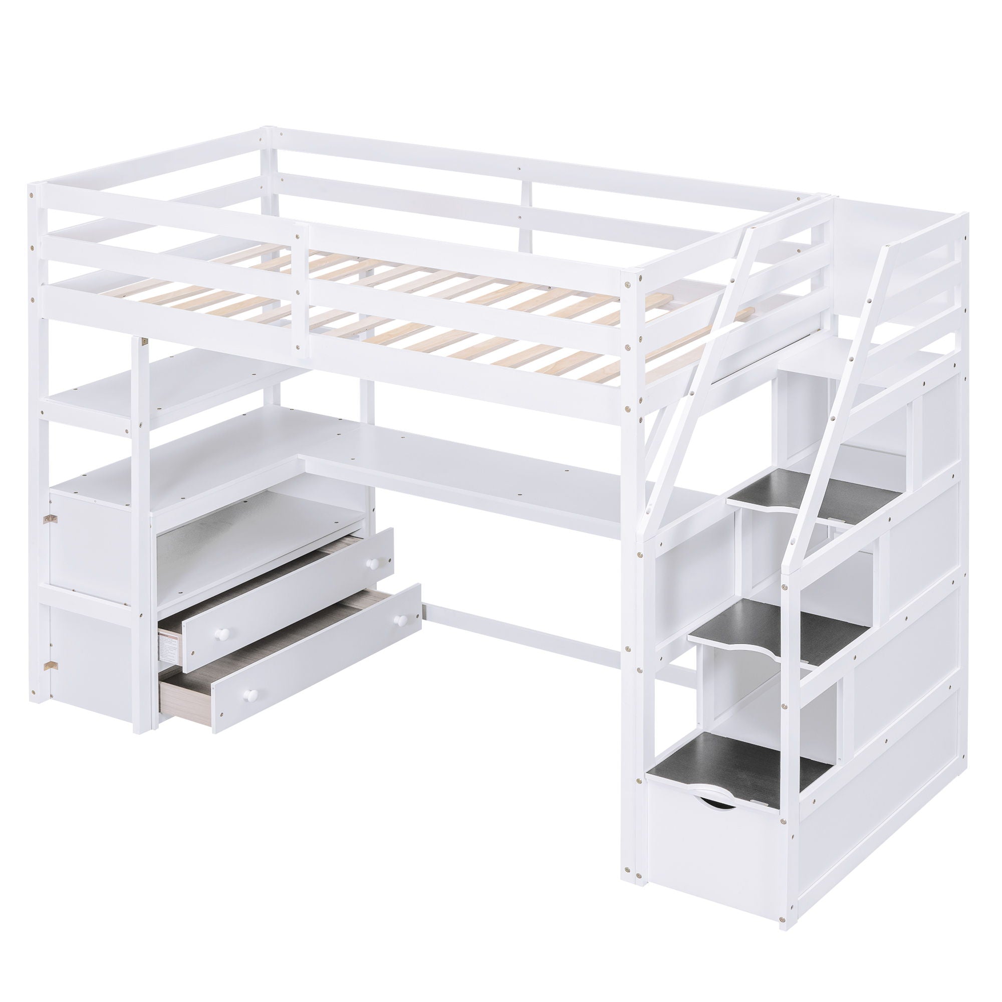 Loft Bed With Desk, Shelves, 2 Drawers, Storage Staircase by HouseOfZazla