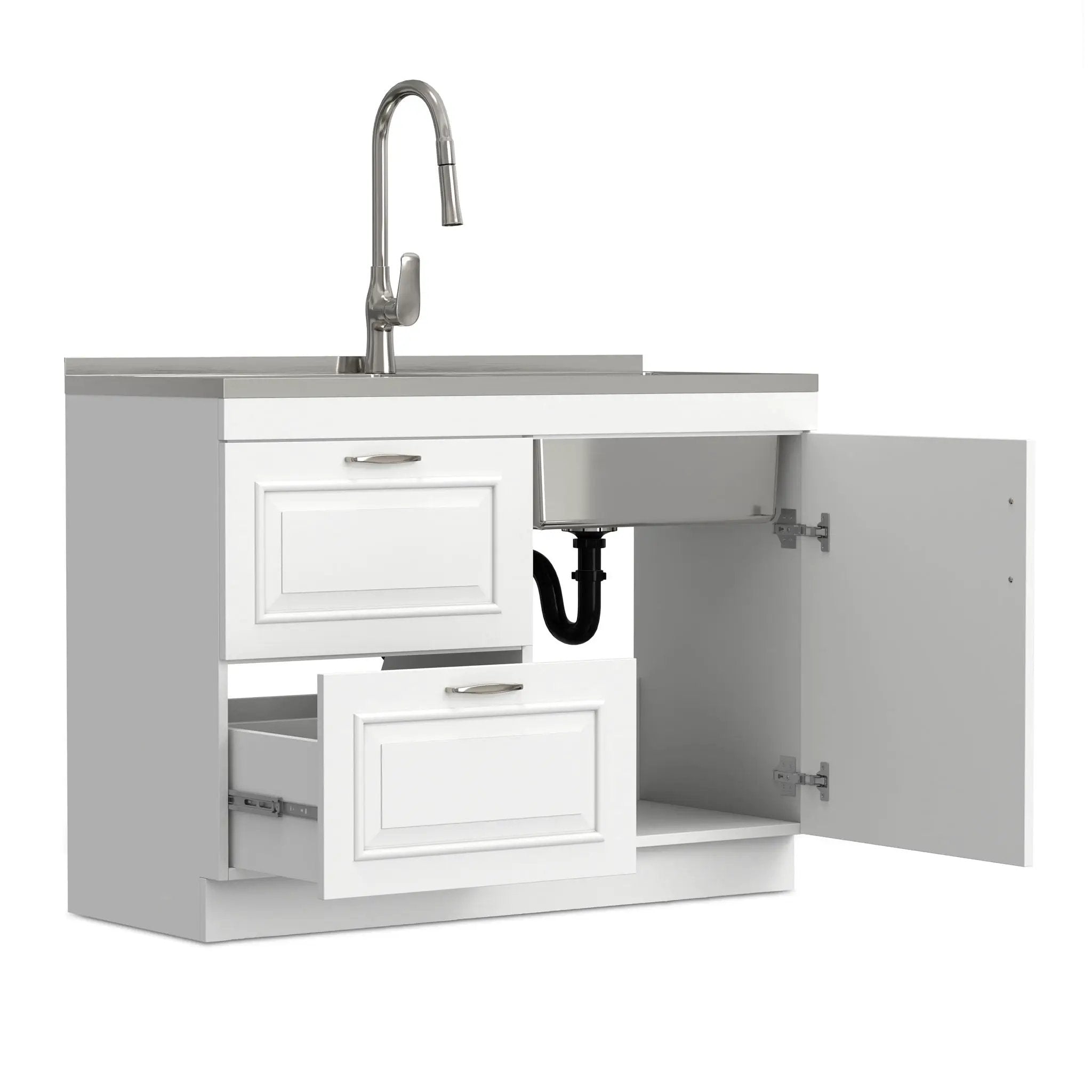 Darwin - Laundry Utility Sink And Cabinet With Dual Sinks, Pull Out Faucet - White by HouseOfZazla