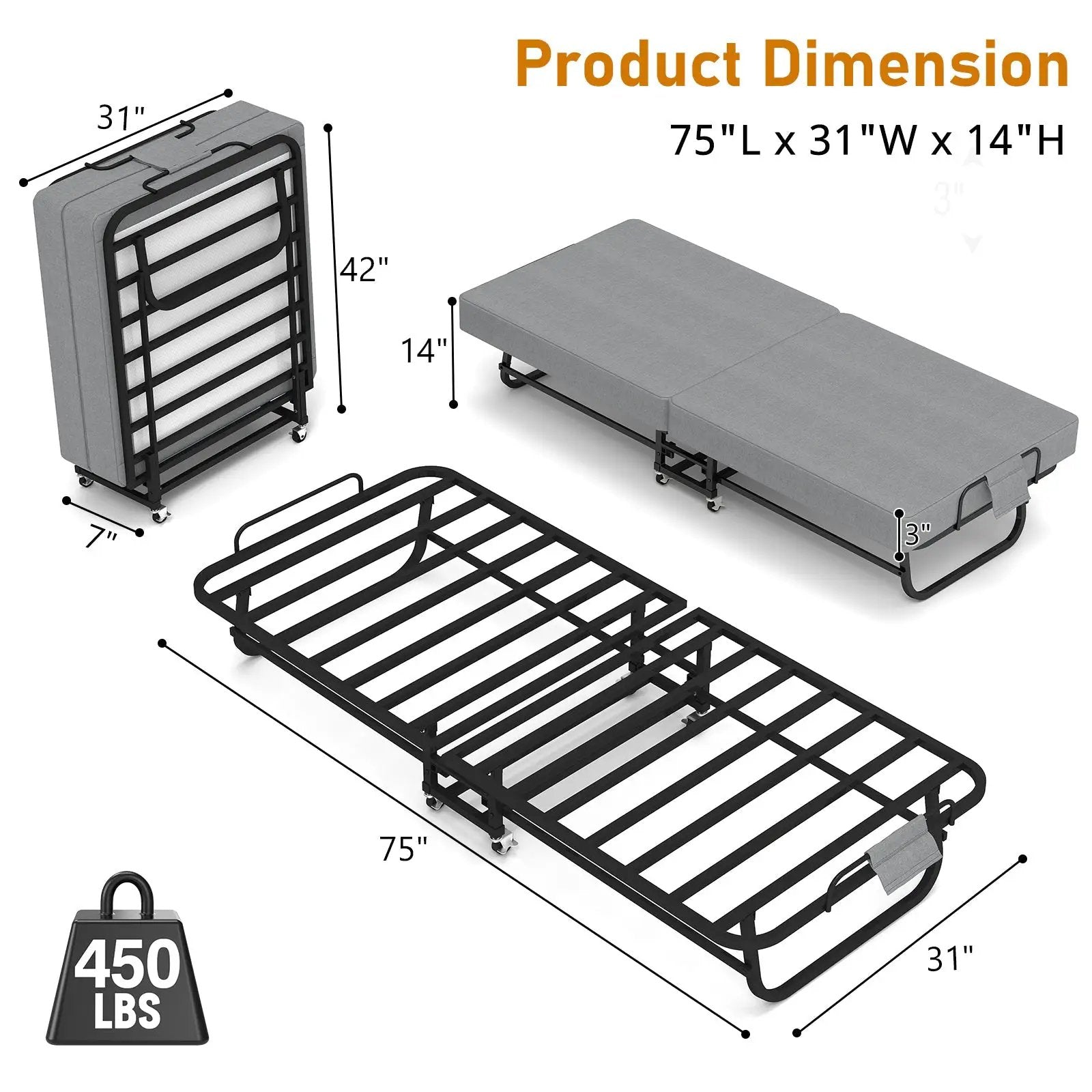 75" Folding Bed with Memory Foam Mattress by HouseOfZazla