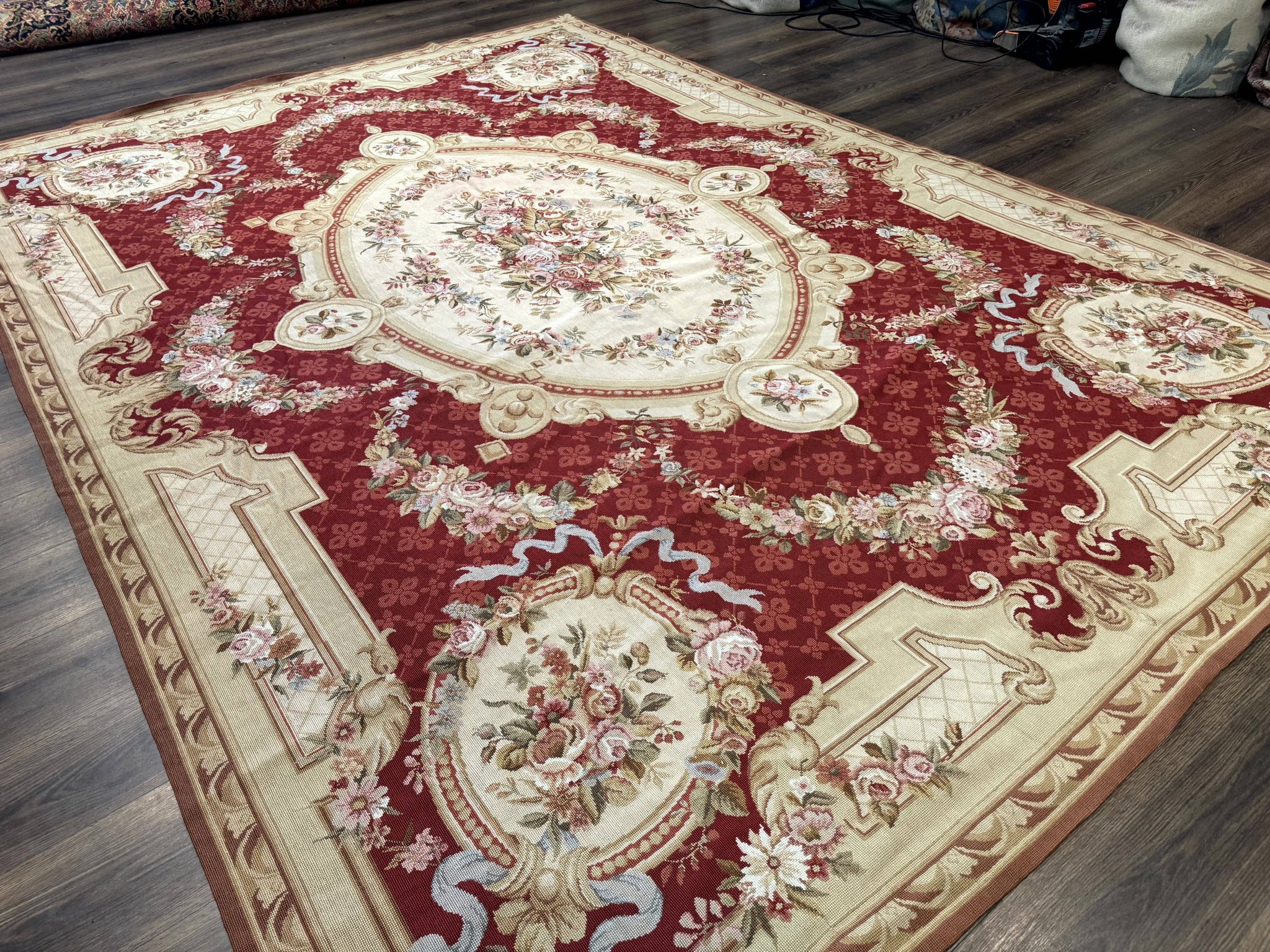 Aubusson Rug 8x11, Needlepoint Carpet, Red Ivory Beige, Vintage, French European Design by Jewel Rugs