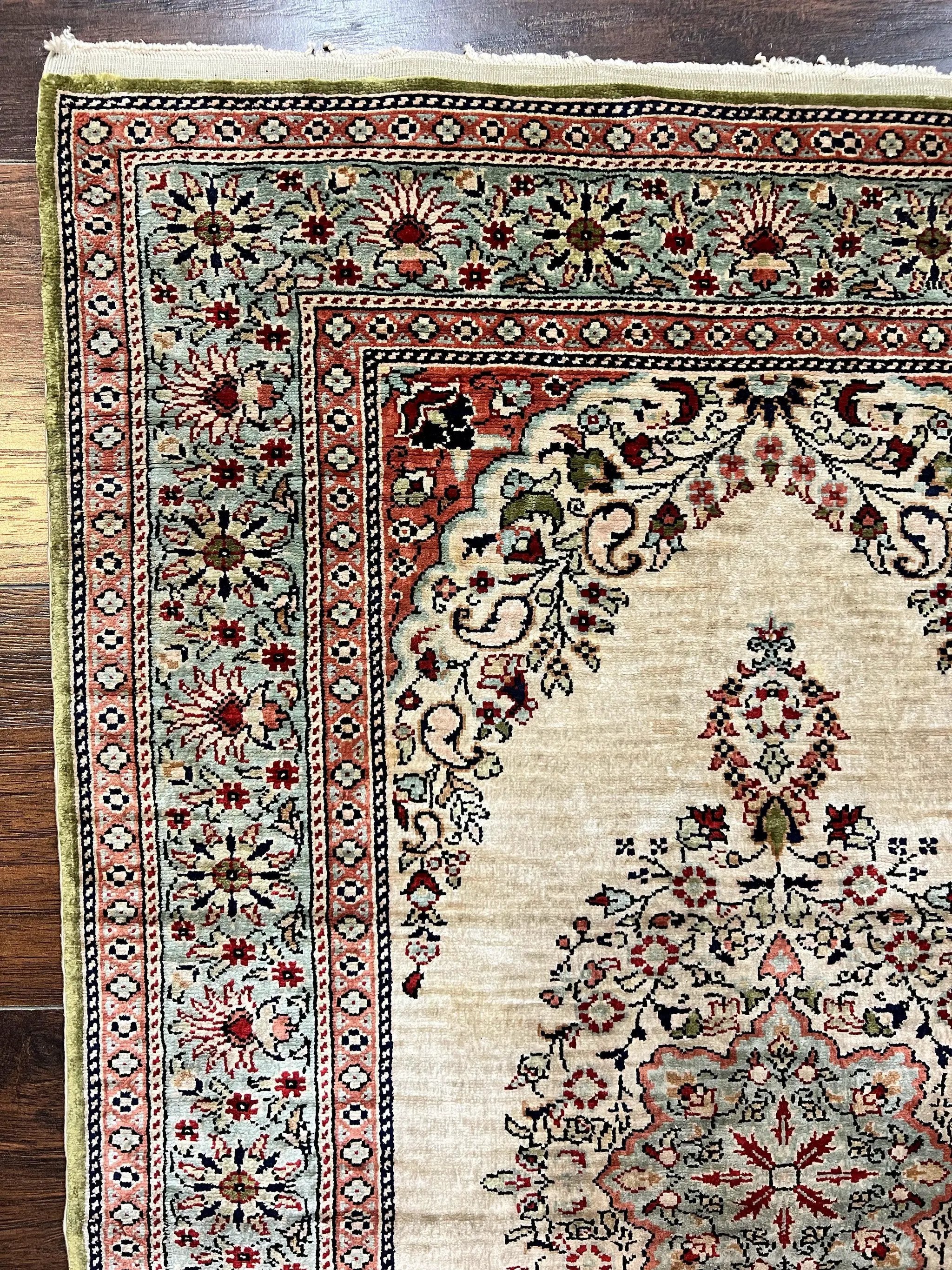 Silk Turkish Kayseri Rug 2x3, Very Finely Hand Knotted, Semi Open Field, Vintage, Silk Pile on Silk Foundation, 300 KPSI by Jewel Rugs