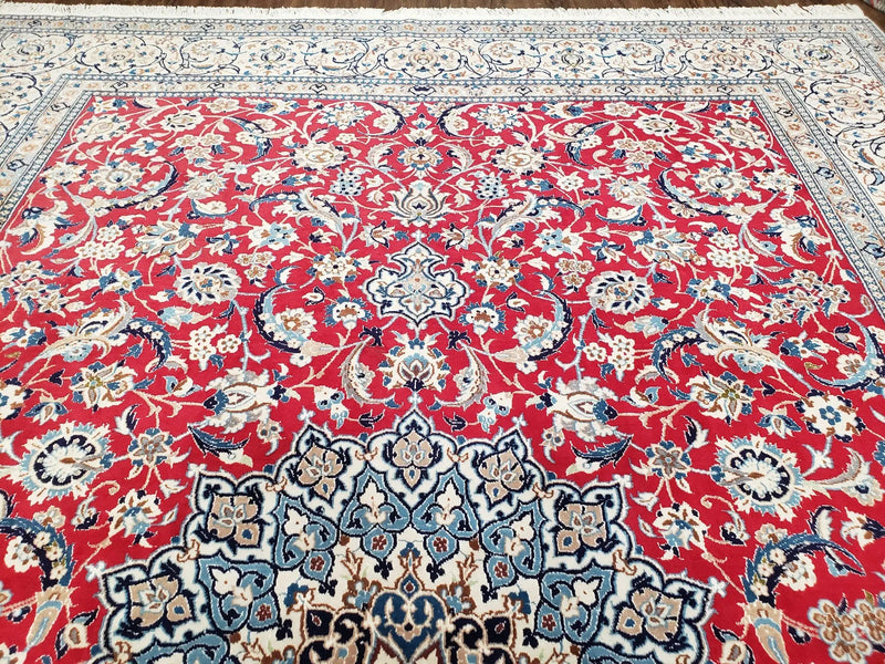 Persian Nain Rug 8x12, Red and Ivory, Signed by Jewel Rugs