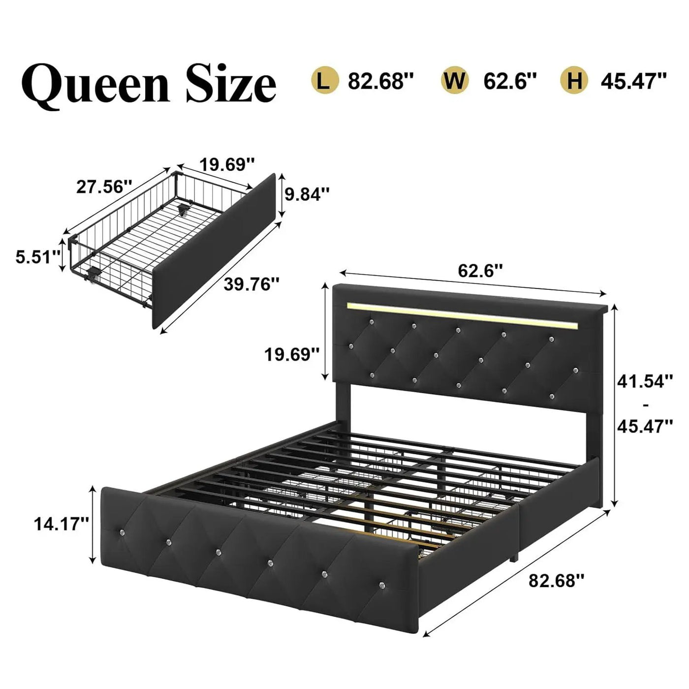 Upholstered Bed Frame With LED Lights, 4 Storage Drawers, Charging Station by HouseOfZazla