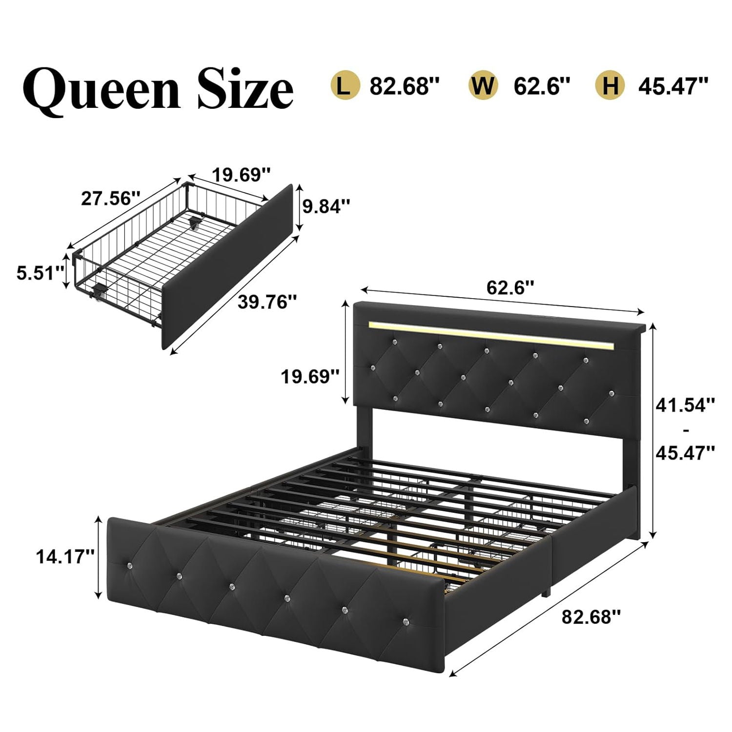 Upholstered Bed Frame With LED Lights, 4 Storage Drawers, Charging Station by HouseOfZazla